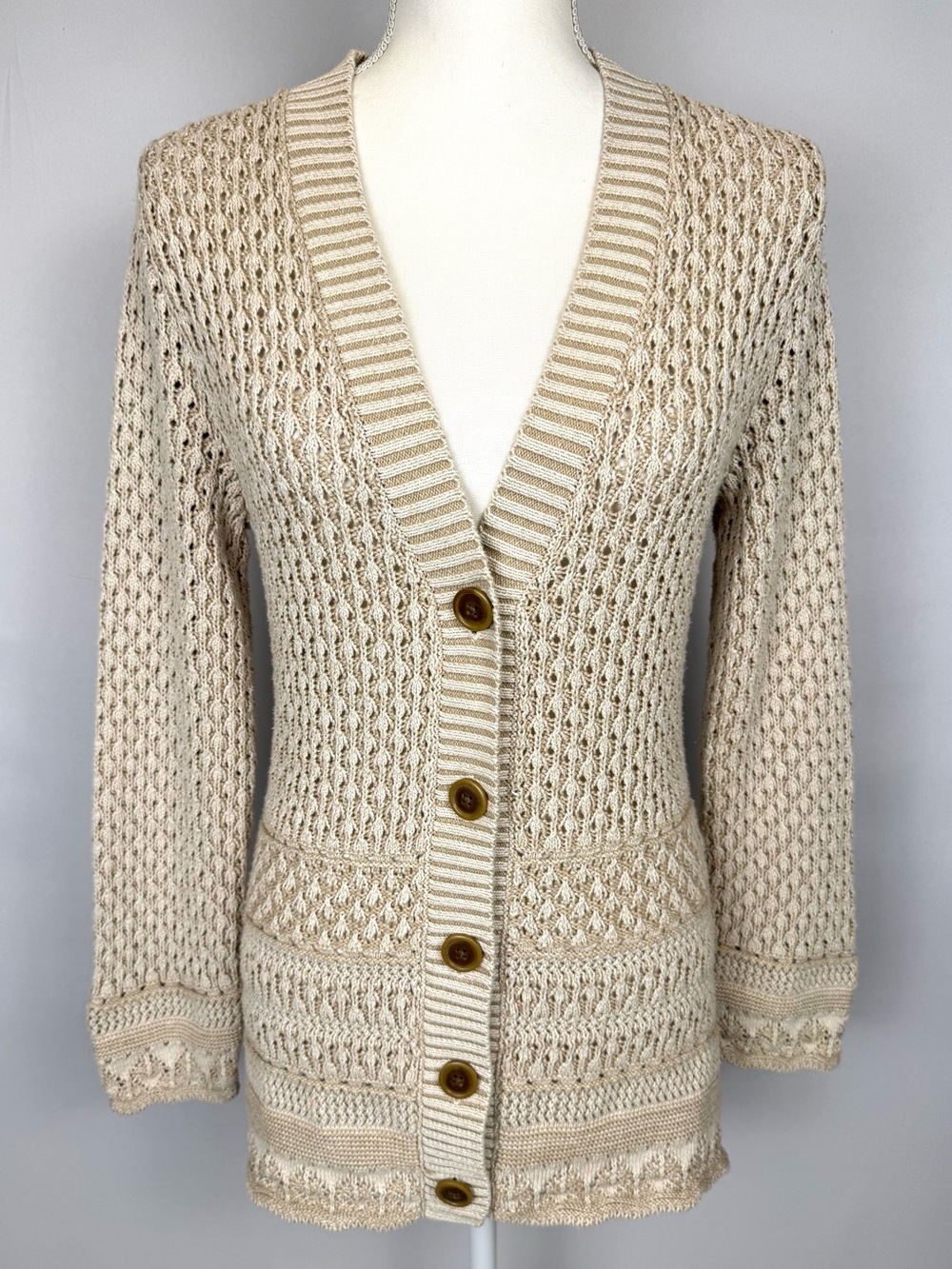 Eddie Bauer Crochet Open Knit V-Neck Cardigan Beige Button Up Slim Fit M Boho